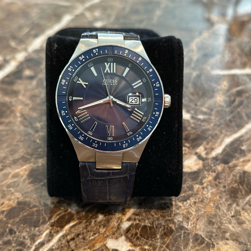 Men’s 45mm watch with Hirsch-Duke metallic blue genuine leather watch band.